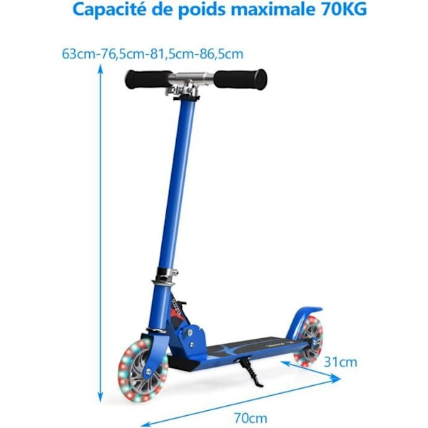 COSTWAY Sammenklappelig børnescooter 2 blinkende LED-hjul Justerbar Højde Max belastning 70 kg Børn fra 4 til 13 år Scooter Blå