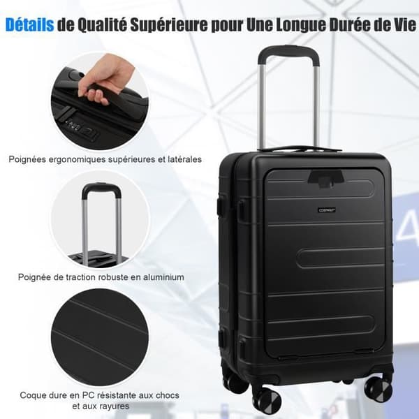 COSTWAY 20-tums handbagage på hjul med TSA-lås, med hopfällbart stativ, USB-laddning, flygresor, svart