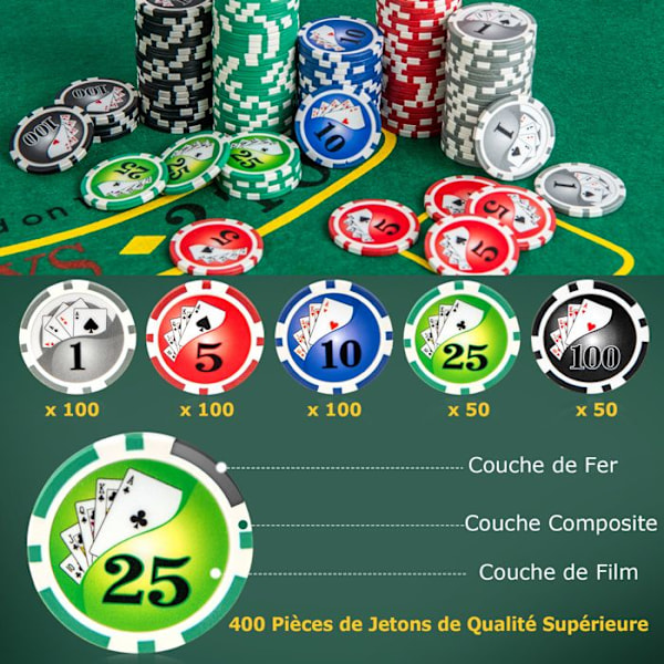 Poker-laukku - COSTWAY - 400 merkkivaloa + 2 pakkaa 54 korttia + 5 noppa + 1 jakajan merkki, huopakumi Svart