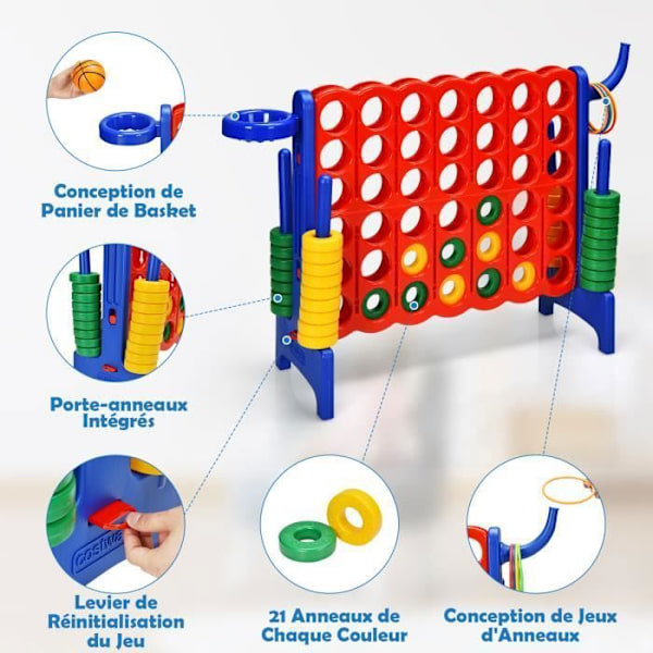 COSTWAY Spil Power 4 Giant Multifunktion 3 i 1 med Basketball Hoop Side Ring Game 42 ringe til børn Blå röd och blå