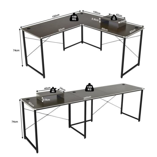 COSTWAY hörnskrivbord - 150 x 150 x 74 CM - Justerbart till rakt skrivbord, stort bord för 2 personer mörkbrun Mörkbrun