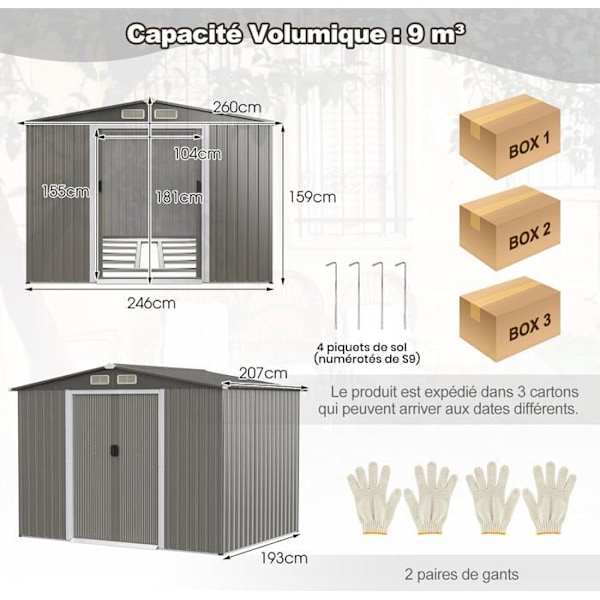 COSTWAY Utomhus galvaniserat stål, metall trädgårdsskjul 9,74m³ med fundament, 4 jalusier, dubbeldörr och ramp mörkgrå Mörkgrå