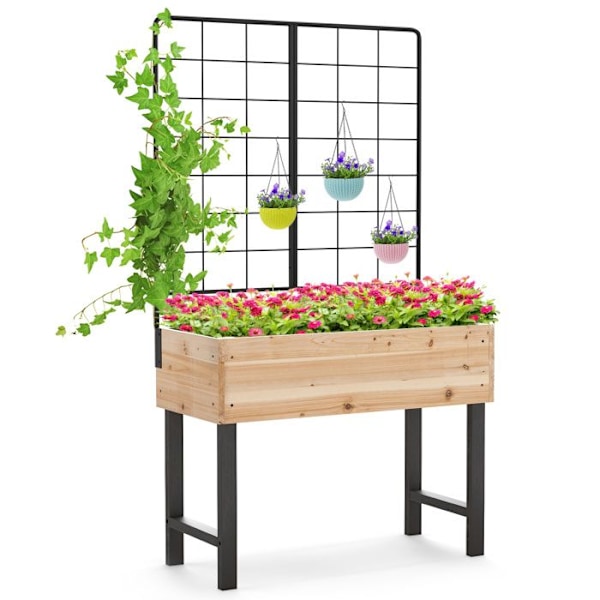 COSTWAY Upphöjd Planter med Metallgaller, Dränering, Hög Trälåda med Ben för Klätterväxt Blomma