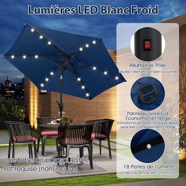 Solar Garden Parasol 230 cm - 18 LED Lights - COSTWAY - Tilt with Push-Button Crank - Ventilated Canopy Blue Blå