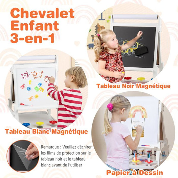 COSTWAY 3-i-1 Konstställ - Magnetisk Svart & Vit Tavla, Pappersrulle & 2 Tyglådor för Barn 3-6 År Vit