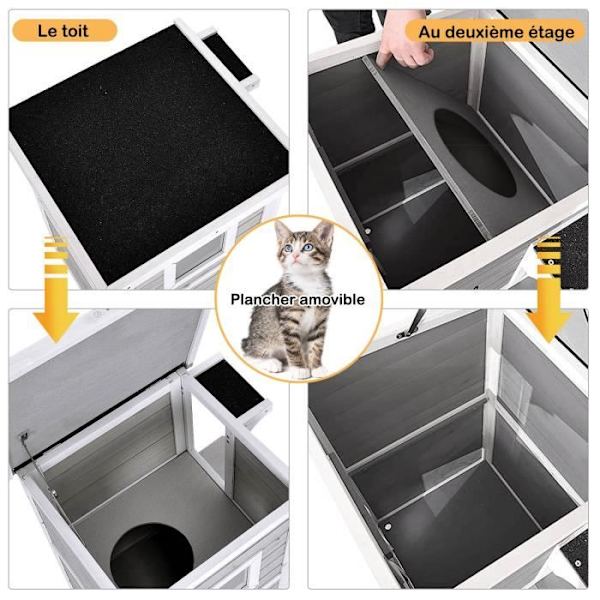 COSTWAY 2 Level Cat House, 51 x 51 x 81 CM, Cat Kennel med öppningstak, 3 utgångar och 2 hoppplattformar Grå och vit