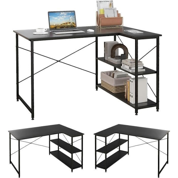 COSTWAY hjørneskrivebord - 2 opbevaringshylder, L-formet bord til arbejde, revision, spil, industriel stil, sort justerbart ben Svart