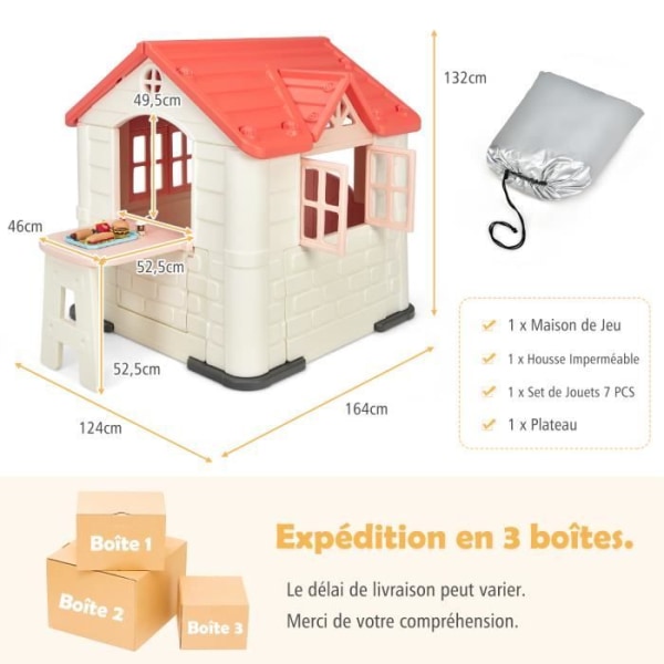 COSTWAY Legehus for børn - 164x124x132 CM, Legehus med picnicbord, Anti-UV HDPE Havehytte Pink Rosa