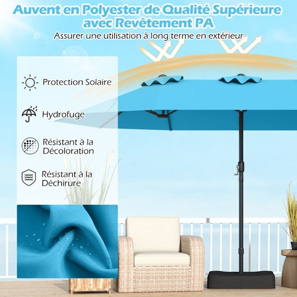 Parasol Dobbelt til Have 470x285cm Firkantet -COSTWAY- Inkluderer Basis og 2 Sandsække-12 Robuste Stænger-Terrasse-Tyrkis Turkos