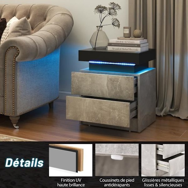 COSTWAY-sohvapöytä LED-valolla, 20 väriä ja 22 tilaa, 2 marmorikuvioista laatikkoa, 45 x 35 x 52 cm, musta ja harmaa