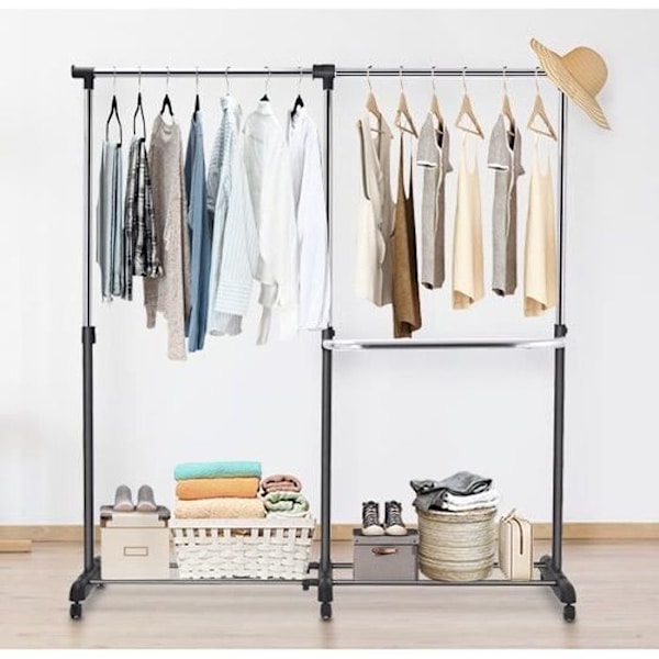 COSTWAY tøjbøjle på hjul Teleskopisk mobil justerbar højde og bredde 57 x 44 x 168 CM (forlænget)