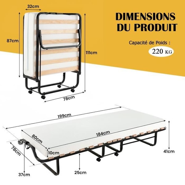 COSTWAY-lisävuode pyörillä 80x199 CM, 10 cm:n paksuinen vaahtomuovipatja, 1 hengen kokoontaitettava sänky 15 puisella säleellä