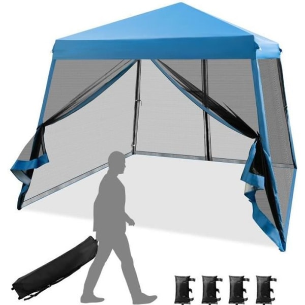 COSTWAY Instant Folding Barnum Gazebo 3x3 m - Mesh sidoväggar - Lutande ben - Hjulförsedd väska - Höjdjusterbar - Blå Vit