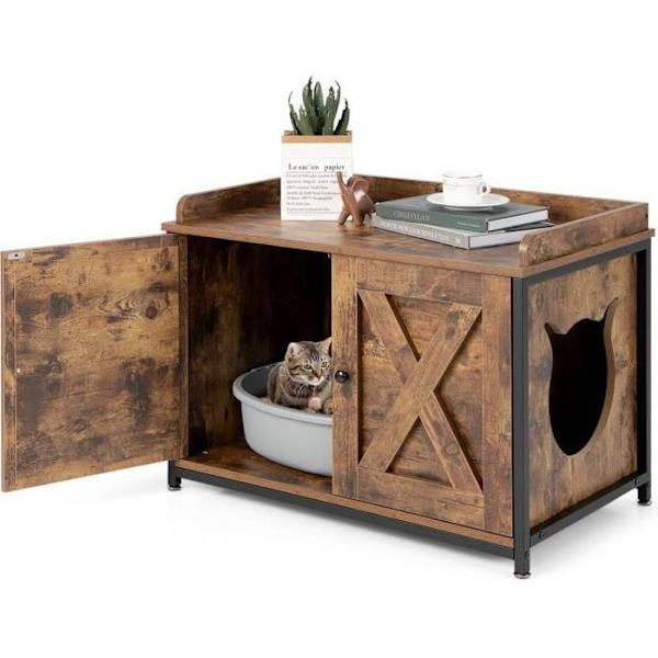 COSTWAY Kattebak Møbel i Træ-80x50x58 CM-Katte Toilet Hus-Justerbare Fodpuder-Industriel Stil