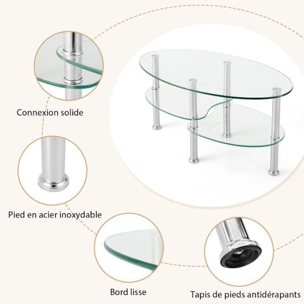 COSTWAY Ovalt Sofabord i Tempereret Glas med 3 Niveauer, 89 x 51 x 45 CM, Moderne Stuebord med Metalben, Transparent Transparent