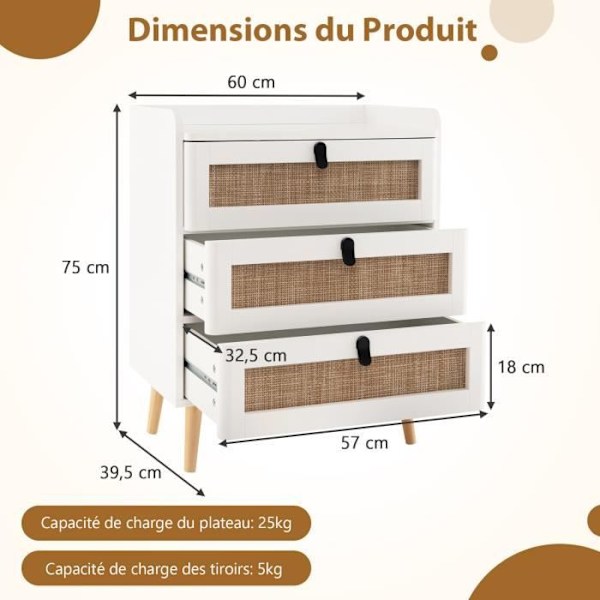 COSTWAY Sengebord med 3 Skuffer i Rattan, Moderne Sidebord, til Soveværelse, Stue, 60 x 40 x 75 cm Hvid