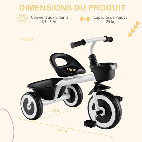 COSTWAY Tricycle til Børn med Pedal, Justerbart Sæde, Opbevaringskurve, Robust Kulstofstål, 4 EVA Hjul, 1,5 til 5 År Hvid