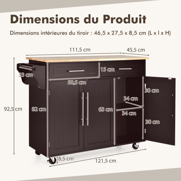 COSTWAY keittiövaunu pyörillä, Kitchen Island veitsenpidikkeellä, pyyheteline, 3 ovea ja 2 laatikkoa, kahvi