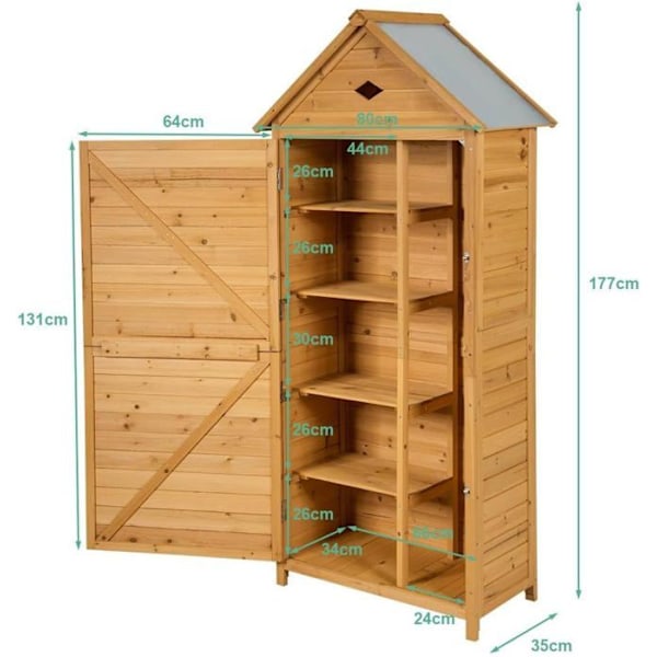 COSTWAY Trädgårdsskjul i Furu FSC - Vattentätt Tak, Redskapsbod - 5 Hyllor 80 x 45 x 177 CM naturlig