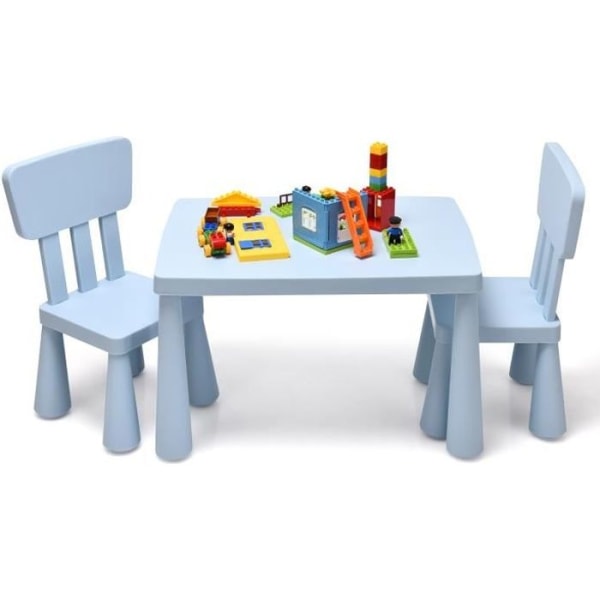COSTWAY Bord med 2 stolar för barn 1-7 år, ergonomiskt ryggstöd Vetenskaplig höjd för att äta Rita Skriva, Blå