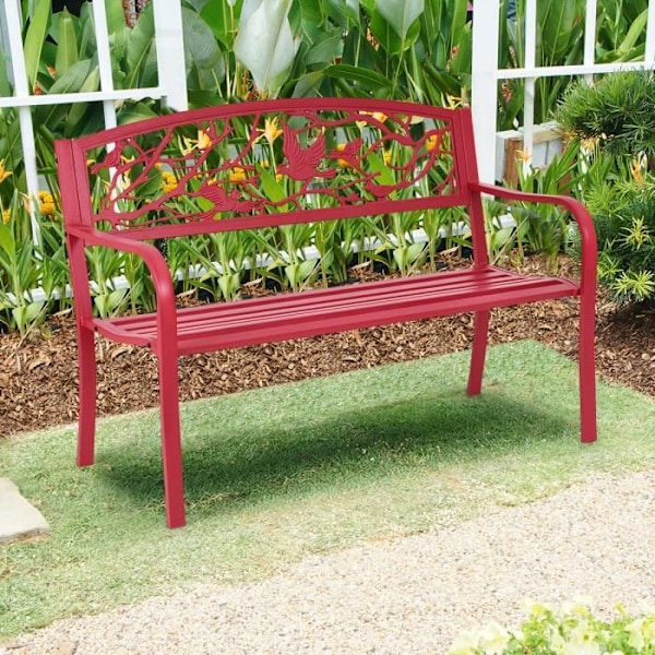 COSTWAY Trädgårdsbänk 2-3-sits Järn + Stål Väderbeständig Utomhusbänk i modern stil 123x60x88cm Röd Röd