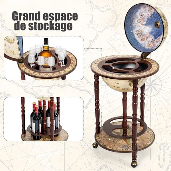 COSTWAY Vintage Terrestrial Globe Bar Verdenskort i Eucalyptus Wood Flaskeholder Minibar Rolling 16th Century