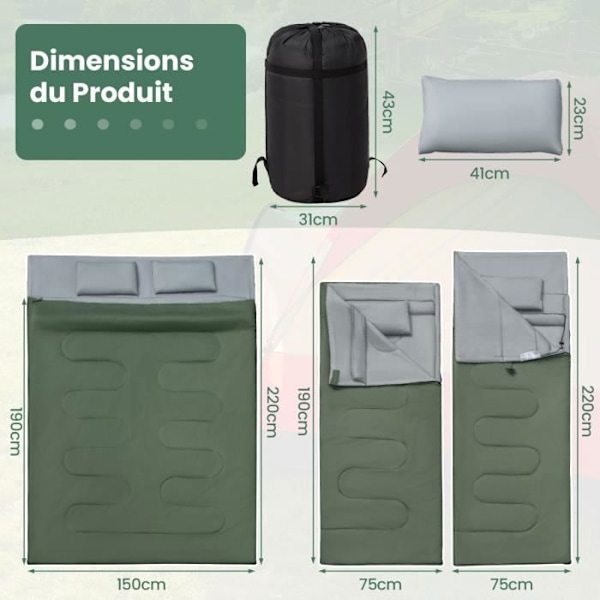COSTWAY dubbelsovsäck 2 personer 220 x 150 cm med 2 kuddar och vattentät bärväska för campingvandring Green Grön