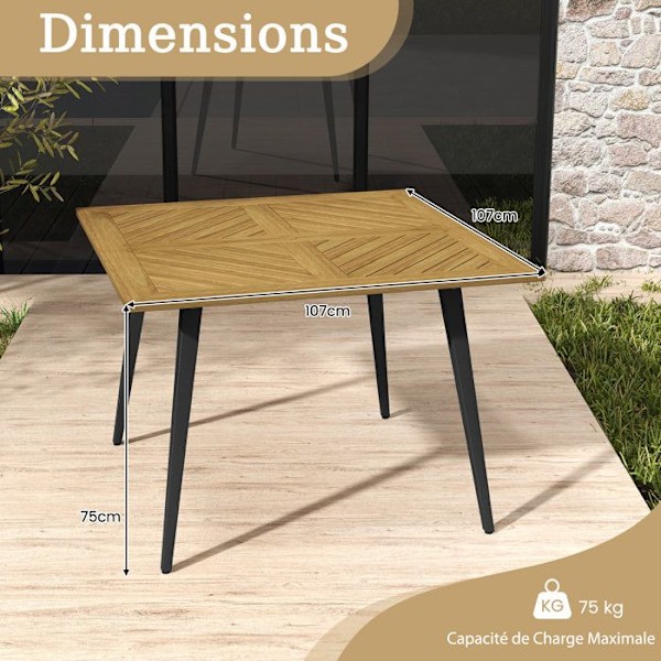 COSTWAY 107 cm Akaciatræ Tabel til 4 Personer, 5 cm Parasolfod, Metalben med Justerbare Fødder Naturligt och svart
