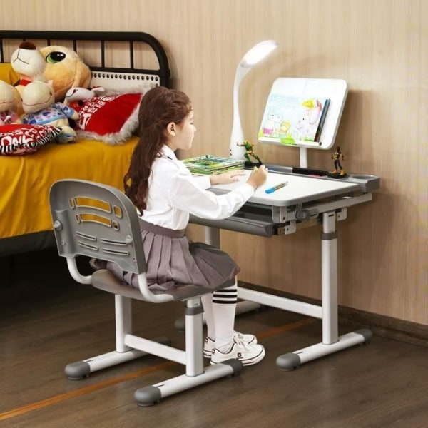 COSTWAY barnbord och stolset med lampa 0-40° lutning Justerbar höjd och ritbord med 1 låda Grå