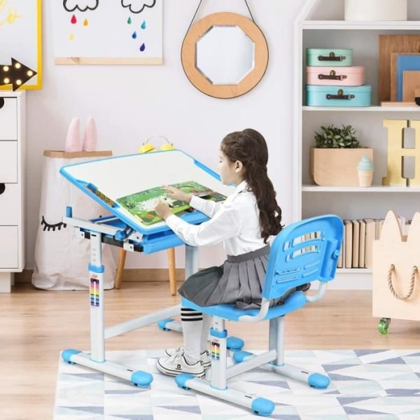 COSTWAY Ergonomiskt barnskrivbord Justerbar höjd och vinkel 0-40° Bordsset med stolar, ritbord med 1 låda Blå