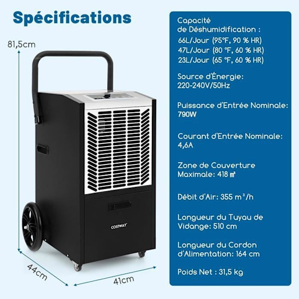 Professionel Affugter 66L/Dag COSTWAY-Zone Max 418 m²-2 Hastigheder Ventilator-Timer 24 T-Bælg-Vandafløbslange-Hvid Vit