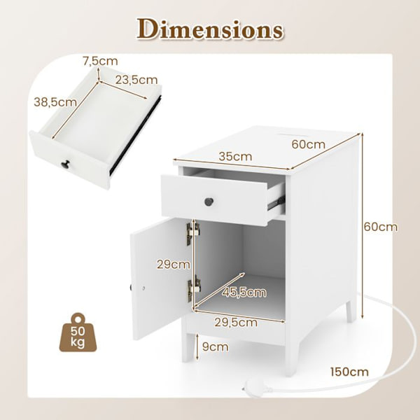 COSTWAY sidebord med ladestation - USB-porte og -stik, smalt sengebord med skuffe til stue, soveværelse, hvid