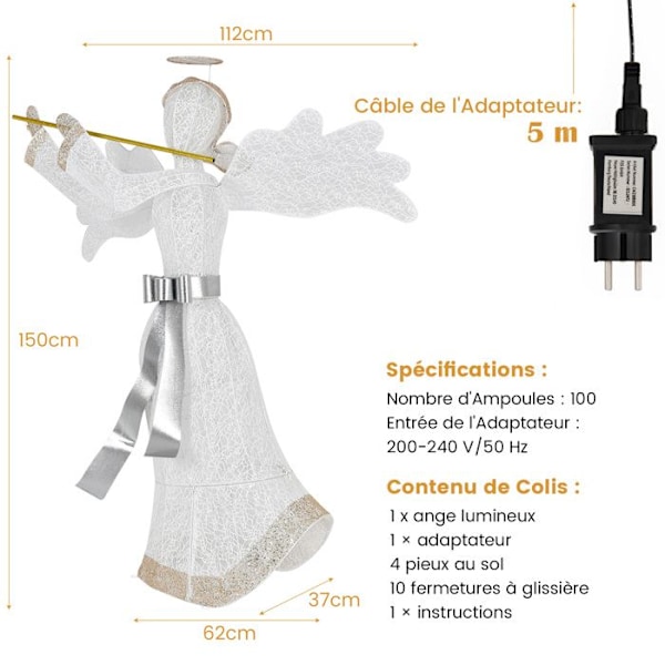 COSTWAY juledekoration - oplyst engel, H150 cm med 100 LED-lys, 4 pæle, 10 lynlåse indendørs og udendørs