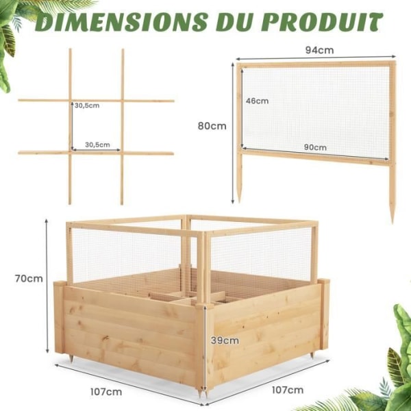 COSTWAY Gran Wood Utomhus fyrkantig planteringslåda för grönsaker med skyddande staket och odlingsgaller, för blomma grönsaksfrukt