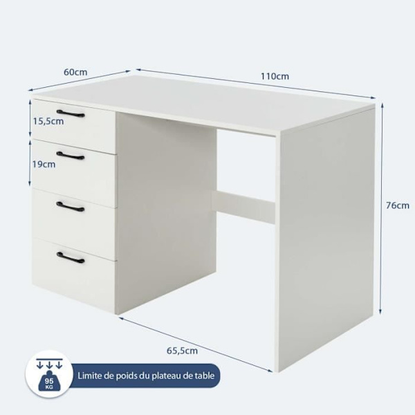 COSTWAY rakt skrivbord med 4 lådor MDF melamin och UV-lack - L110 x D60 x H76 cm - Vit glans