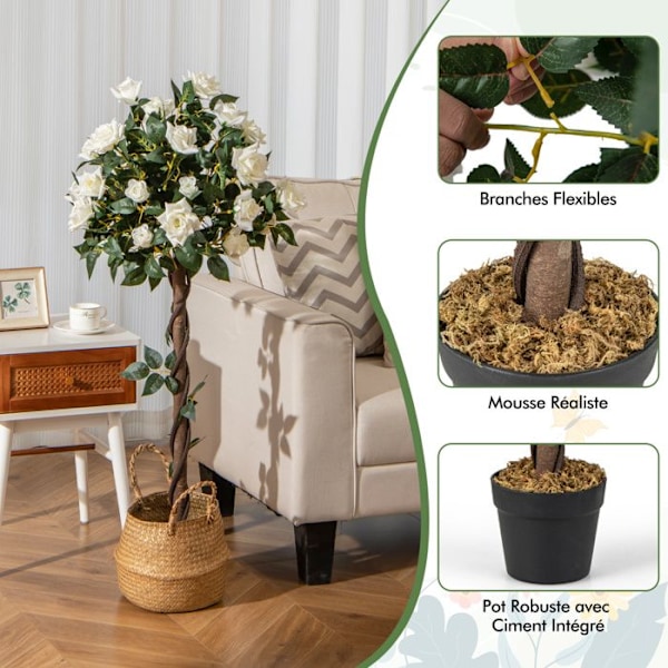 COSTWAY Kunstige Blomstertræ 120 cm - Falsk Rosenblomst med Hvid Potte til Stue Balkon Kontor