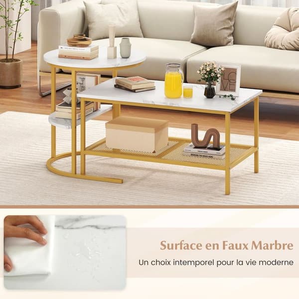 Sæt med 2 Nesting Sofaborde i 2 Niveauer COSTWAY, Hvid Marmorlook Plade, Guld Metalramme, Sidebord til Stue Guld och vitt