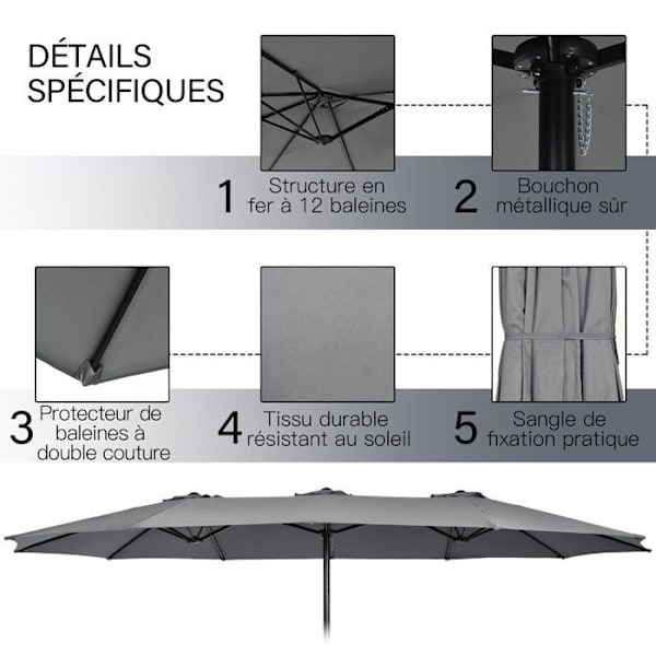 Parasol Dobbelt Have XXL COSTWAY - 12 Ribber - 3 Ventiler - Base Inkluderet - Grå Grå