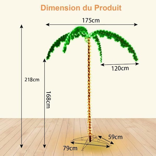 COSTWAY keinotekoinen palmu-LED korkeus 218 cm sisä- ja ulkokäyttöön kookospuukuvioinen lamppu, kokoontaitettavalla pohjalla, 60Hz/8W