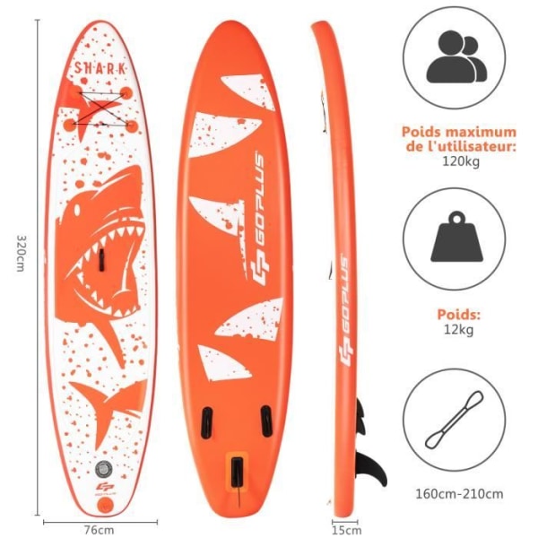COSTWAY Uppblåsbar Stand Up Paddle Board - PVC - Justerbar paddel - Avtagbar fena - Manuell pump - Shark Style