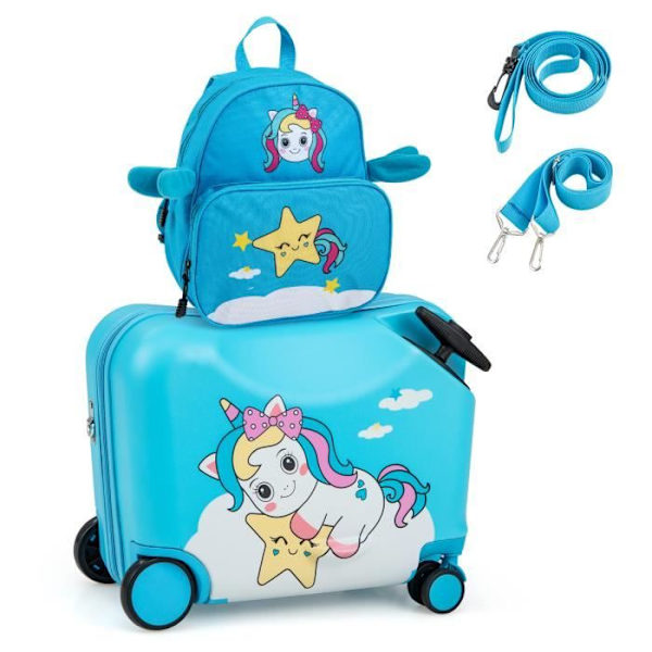COSTWAY barnväska på hjul 18” med 12” ryggsäck, vattentät skalhjul infällbart handtag, Unicorn, 3 år+, blå
