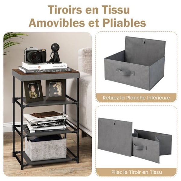 COSTWAY kommode med 3 stofskuffer 48 x 20 x 76 cm, med metalramme, opbevaringsskuffemøbler til soveværelse, industri, grå svart och grått