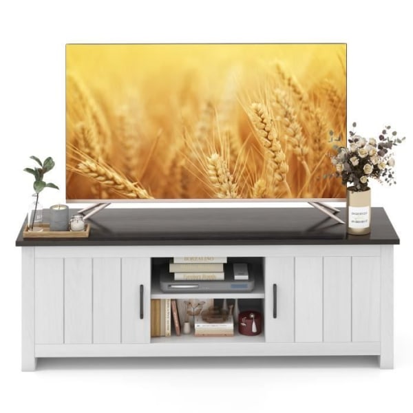 COSTWAY 60" tv-stativ med 4 rum 2 døre 2 kabelstyringshuller, til stue, soveværelse, 145 x 39,5 x 49,5 cm, brun