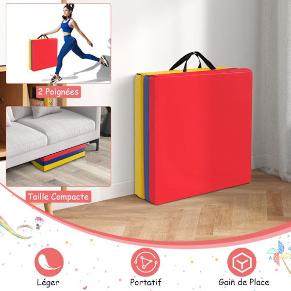 COSTWAY Foldable Gym Mat - 180 x 60 x 5cm - 3 Fold with Handle - Hook and Loop Fasteners - Waterproof PU Filling EPE - Colorful