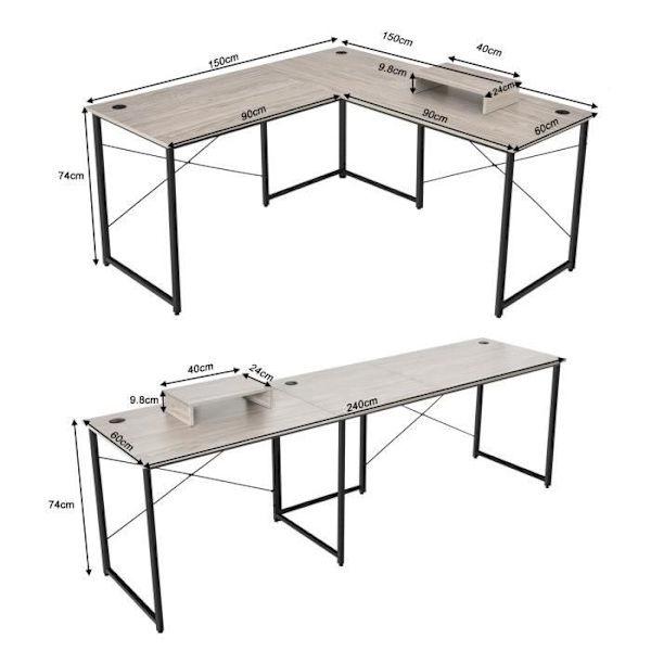COSTWAY hörnskrivbord - 150 x 150 x 74 CM - Justerbart till rakt skrivbord, stort bord för 2 personer Grå Grå