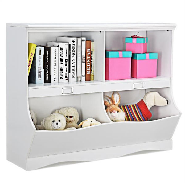 COSTWAY børne reol 105,5 x 39,5 x 84 cm, med 4 rum, 2-lags legetøjskasse, til soveværelse, hvid Vit