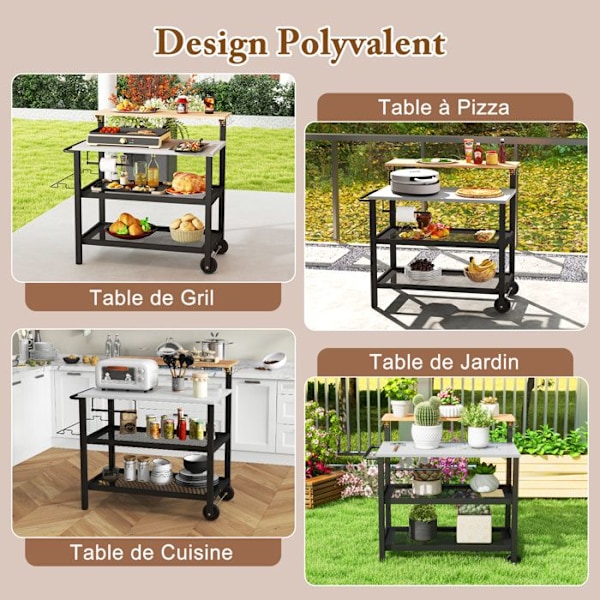 COSTWAY Grillvogn på hjul - Foldebord 104 x 30 cm - Kroge, håndklædeholder, affaldsposeholder - 3 hylder