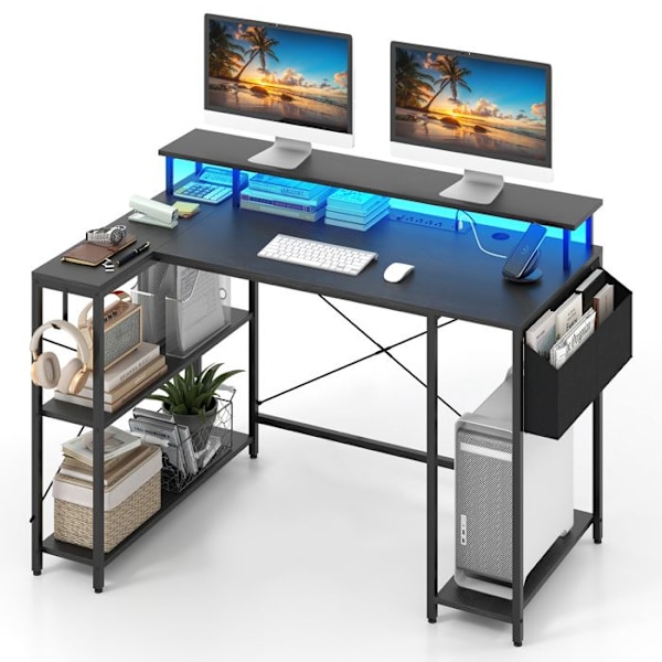 COSTWAY 120 cm hjørnespillebord med skærmstativ, LED-lys og strømstik, opbevaringshylder, sort