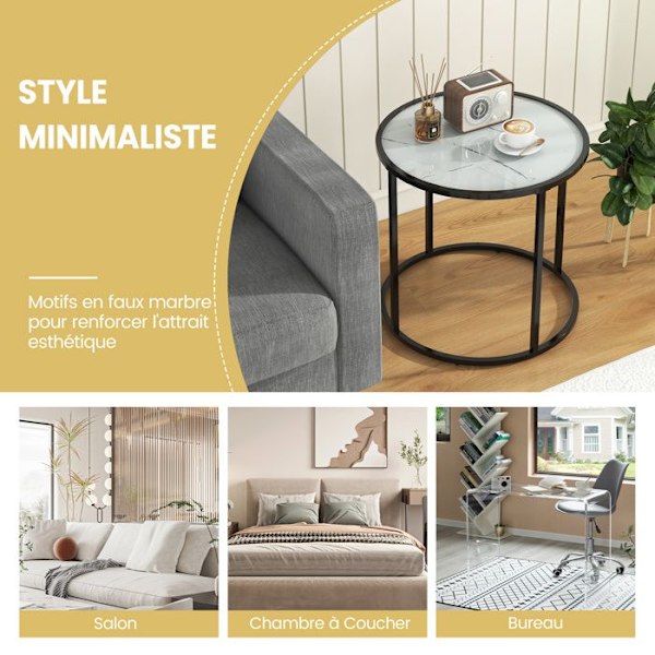 COSTWAY 50 cm runt sidobord i glas med metallram, imitation av marmorglasskiva, modernt för vardagsrum, sovrum