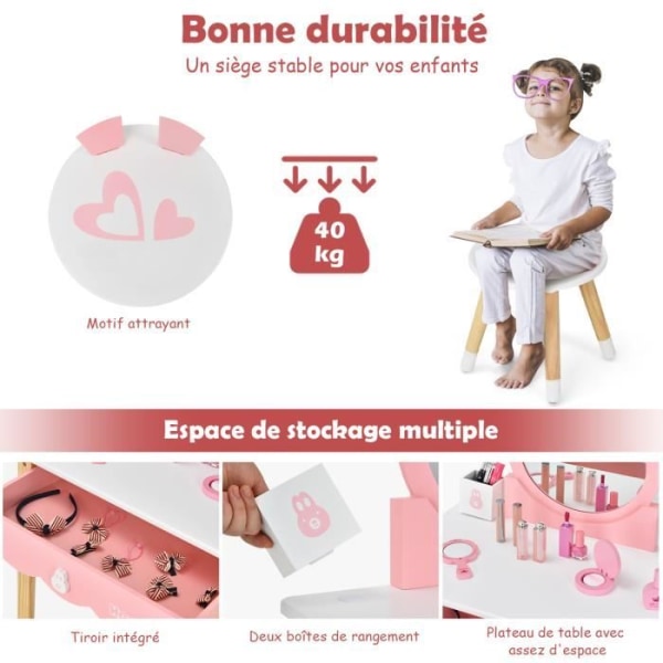 COSTWAY Sminkbord för barn med pall - Avtagbar spegel - 1 lådor - 2 förvaringslådor - Rosa + vit dekor